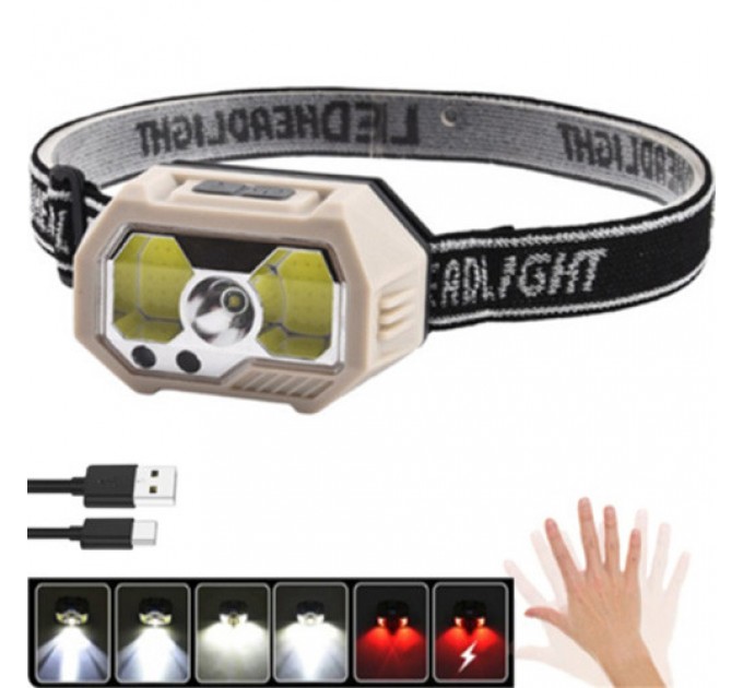 Фонарь налобный SH-S31-XPE+COB(White+Red), Motion Sensor, Li-Ion аккумулятор, ЗУ Type-C, Box