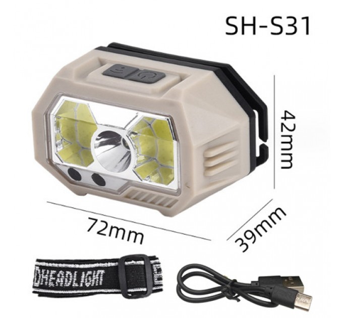 Фонарь налобный SH-S31-XPE+COB(White+Red), Motion Sensor, Li-Ion аккумулятор, ЗУ Type-C, Box