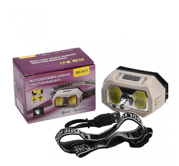Фонарь налобный SH-S31-XPE+COB(White+Red), Motion Sensor, Li-Ion аккумулятор, ЗУ Type-C, Box