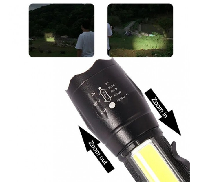 Фонарь W601-XPE(Red)+COB(White), Li-Ion аккум., ЗУ Type-C, zoom, Box
