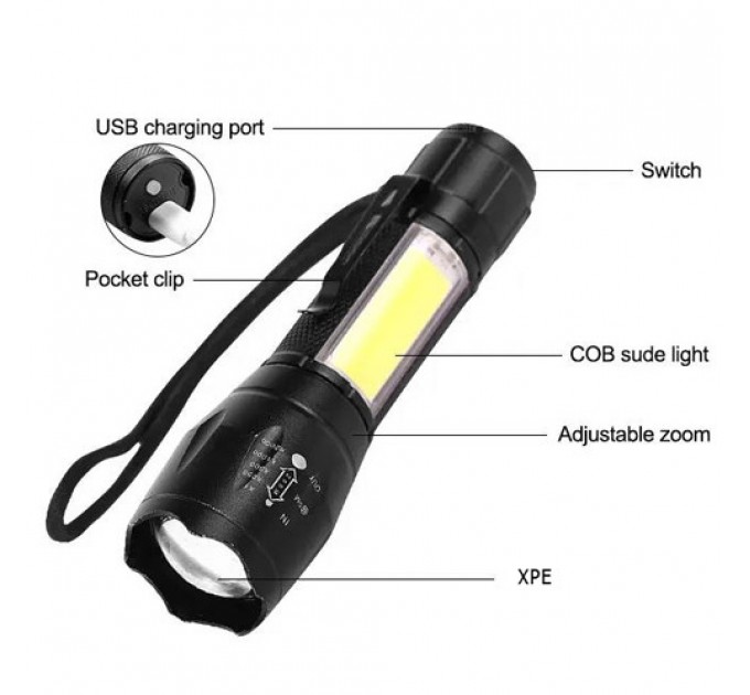 Фонарь W601-XPE(Red)+COB(White), Li-Ion аккум., ЗУ Type-C, zoom, Box