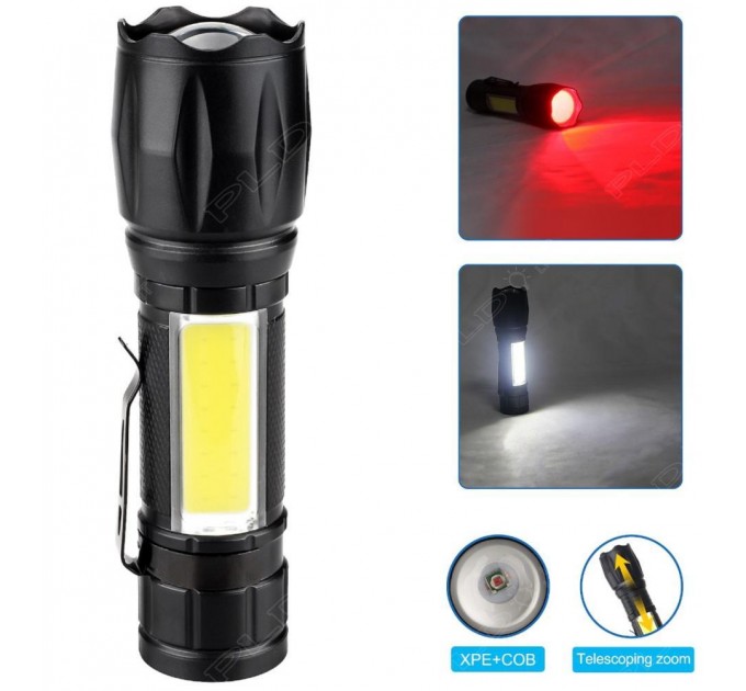 Фонарь W601-XPE(Red)+COB(White), Li-Ion аккум., ЗУ Type-C, zoom, Box