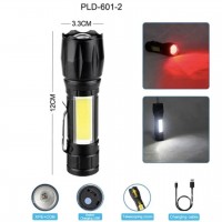 Фонарь W601-XPE(Red)+COB(White), Li-Ion аккум., ЗУ Type-C, zoom, Box