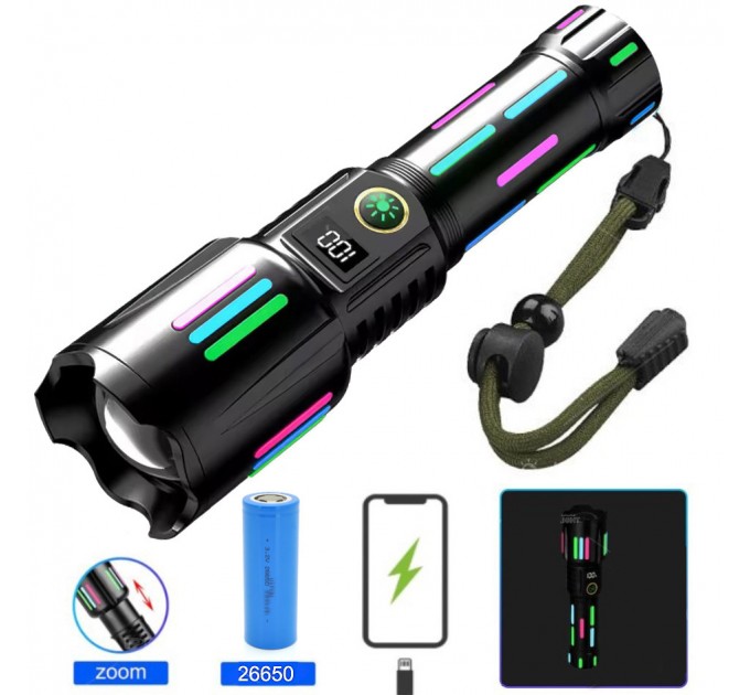 Фонарь NIGHT VISION FLUORESCENCE W515-PM10-TG, Power Bank, индикация заряда, 1x26650, ЗУ Type-C, zoom, Box