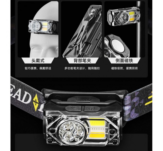 Фонарь налобный YY-19B-3SMD+2COB(White+Yellow+Red), Motion Sensor, Li-Ion аккум., ЗУ Type-C, магнит, Box