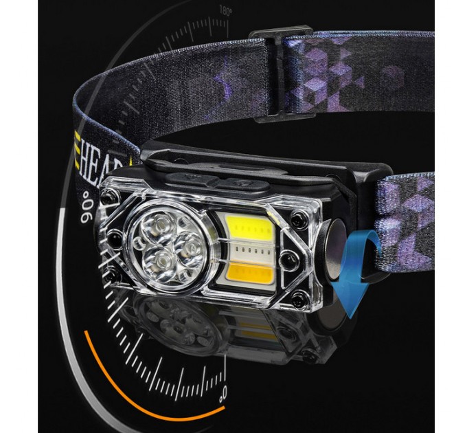 Фонарь налобный YY-19B-3SMD+2COB(White+Yellow+Red), Motion Sensor, Li-Ion аккум., ЗУ Type-C, магнит, Box