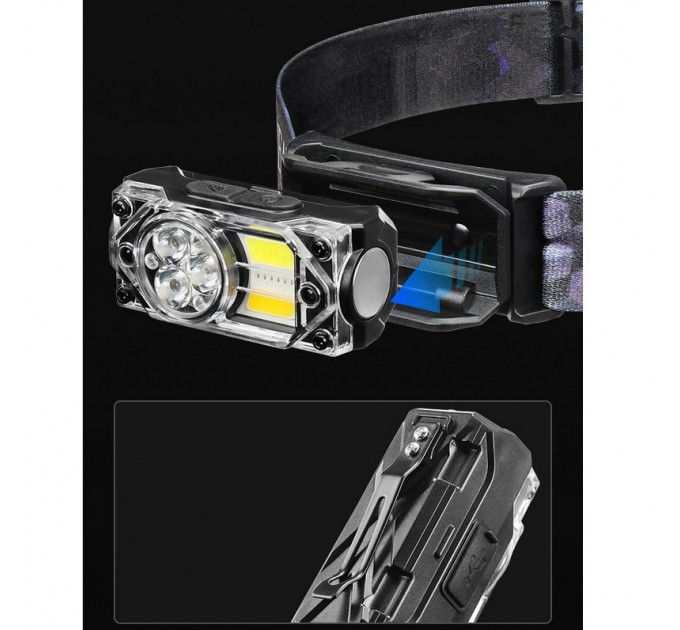 Фонарь налобный YY-19B-3SMD+2COB(White+Yellow+Red), Motion Sensor, Li-Ion аккум., ЗУ Type-C, магнит, Box