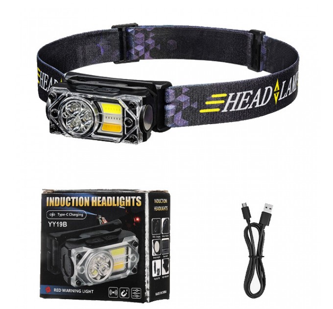 Фонарь налобный YY-19B-3SMD+2COB(White+Yellow+Red), Motion Sensor, Li-Ion аккум., ЗУ Type-C, магнит, Box