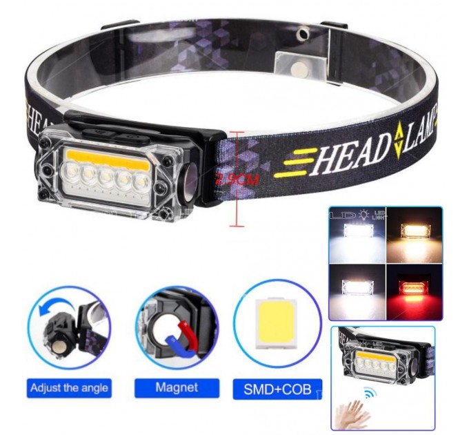 Фонарь налобный YY-19С-5SMD+COB(white+yellow+red), Motion Sensor, Li-Ion аккум., ЗУ Type-C, магнит, Box