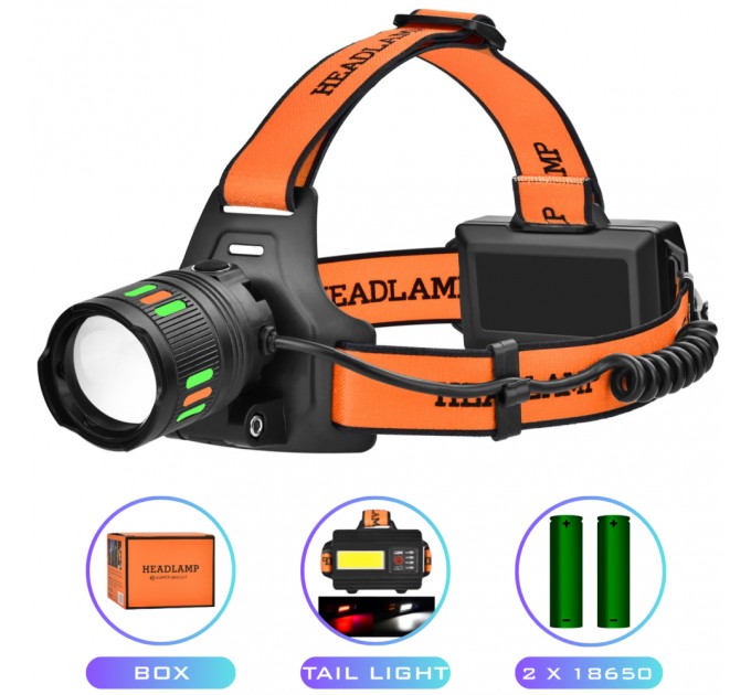 Фонарь налобный NIGHT VISION FLUORESCENCE BL-T203-TG+COB(White+Red), 2x18650, 1 РЕЖИМ, ЗУ Type-C, zoom