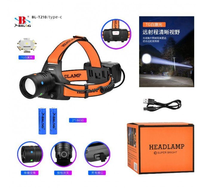 Фонарь налобный NIGHT VISION FLUORESCENCE BL-T210-TG, 2x18650, 1 РЕЖИМ, ЗУ Type-C, zoom