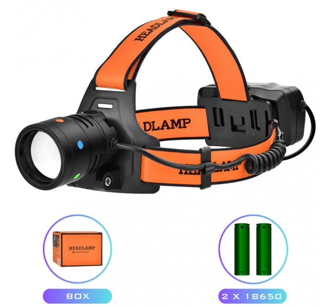 Фонарь налобный NIGHT VISION FLUORESCENCE BL-T210-TG, 2x18650, 1 РЕЖИМ, ЗУ Type-C, zoom