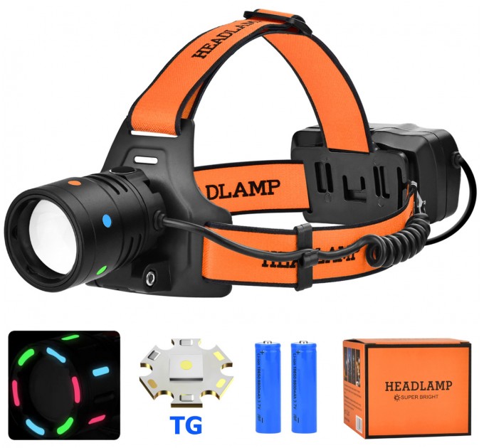 Фонарь налобный NIGHT VISION FLUORESCENCE BL-T210-TG, 2x18650, 1 РЕЖИМ, ЗУ Type-C, zoom