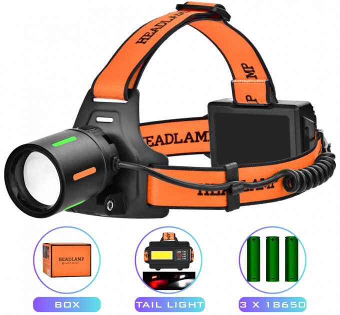 Фонарь налобный NIGHT VISION FLUORESCENCE BL-T67-TG+COB(White+Red), 3x18650, 1 РЕЖИМ, Power Bank, ЗУ Type-C, zoom