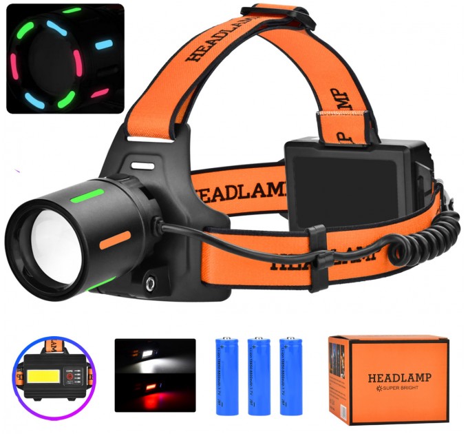 Фонарь налобный NIGHT VISION FLUORESCENCE BL-T67-TG+COB(White+Red), 3x18650, 1 РЕЖИМ, Power Bank, ЗУ Type-C, zoom