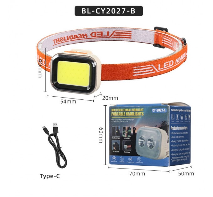 Фонарь налобный CY-2027-B-COB(white+red), Li-Ion аккумулятор, ЗУ Type-C