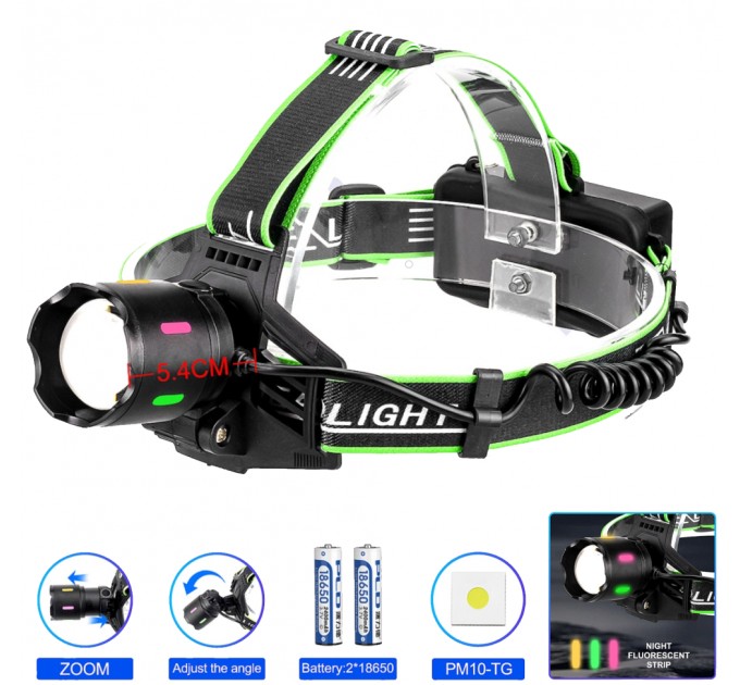 Фонарь налобный NIGHT VISION FLUORESCENCE PLD-903-TG, 1 РЕЖИМ, 2x18650, ЗУ Type-C, zoom