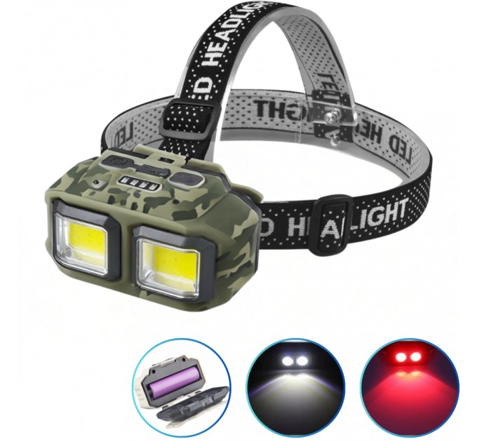 Фонарь налобный HX-816M-2COB(White+Red) CAMOUFLAGE, Waterproof, 1x18650, ЗУ Type-C, Box