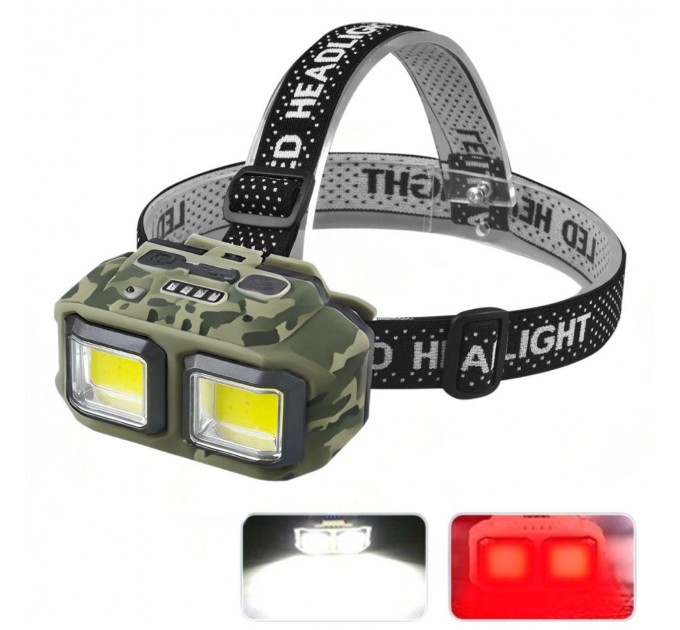 Фонарь налобный HX-816M-2COB(White+Red) CAMOUFLAGE, Waterproof, 1x18650, ЗУ Type-C, Box