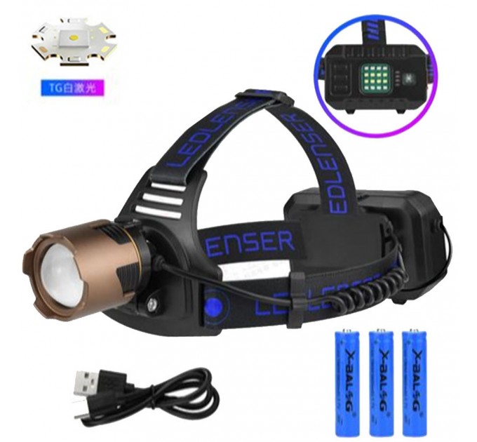 Фонарь налобный A49-TG, Power Bank, 3x18650, ЗУ Type-C, zoom, Box