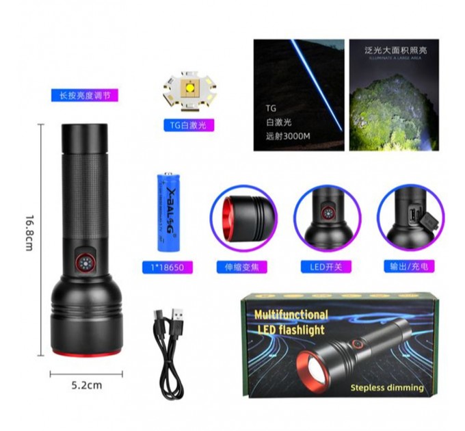 Фонарь SY-2208-TG, 1 РЕЖИМ, Power Bank, 1x18650, ЗУ Type-C, zoom, Box