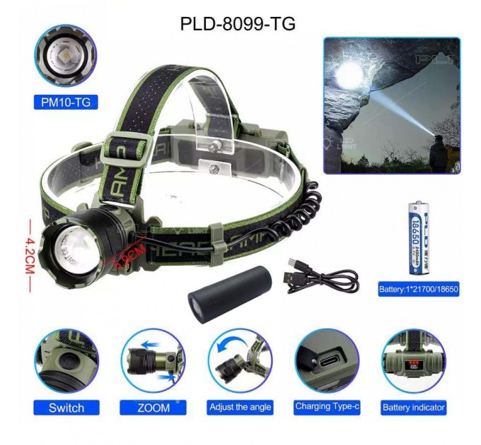 Фонарь налобный 8099 PM10-TG, 1x18650, ЗУ Type-C, zoom, Box