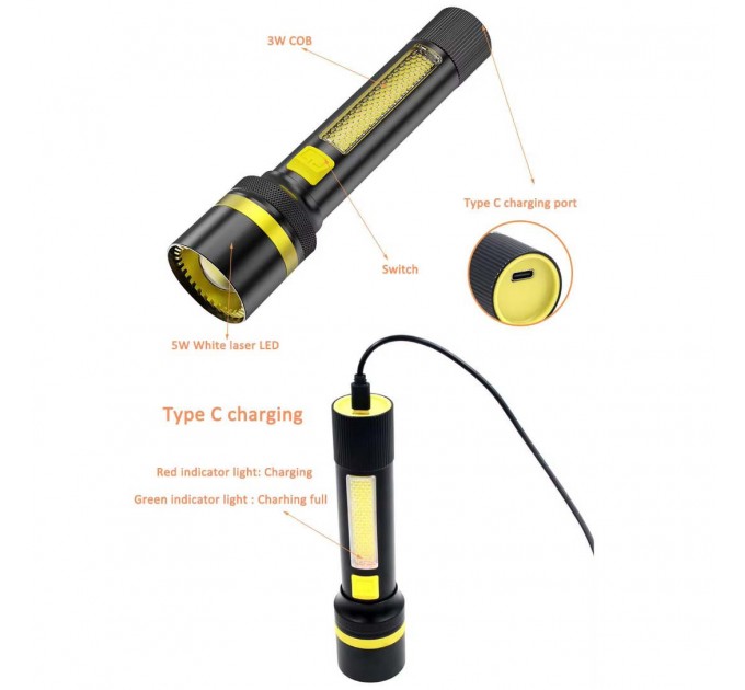 Фонарь 24094-WHITE LASER LED PM10-TG+COB(White+Red), Li-Ion аккумулятор, ЗУ Type-C, zoom