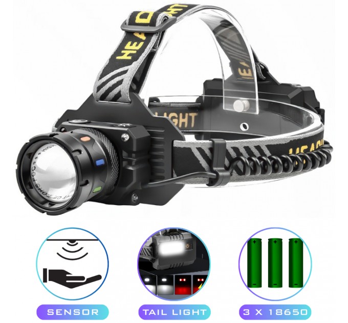 Фонарь налобный NIGHT VISION FLUORESCENCE BL-T701D-TG, Motion Sensor, 3x18650, Power Bank, ЗУ Type-C, zoom, Box