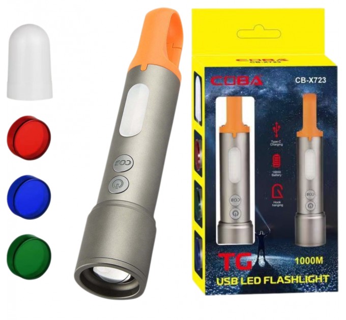 Фонарь CB-X723-TG+3LED, Li-Ion аккумулятор, 3 фильтра, ЗУ Type-C, zoom, Box