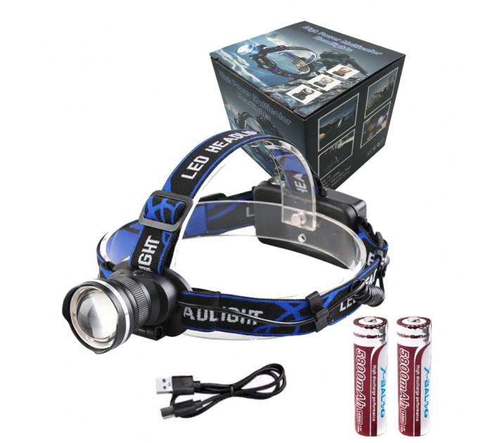 Фонарь налобный RN-1622-T6, 2x18650, ЗУ Type-C, zoom, Box