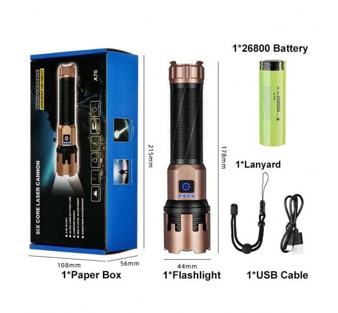 Фонарь A70-GT, 1x26800, Power Bank, ЗУ Type-C, zoom, Box