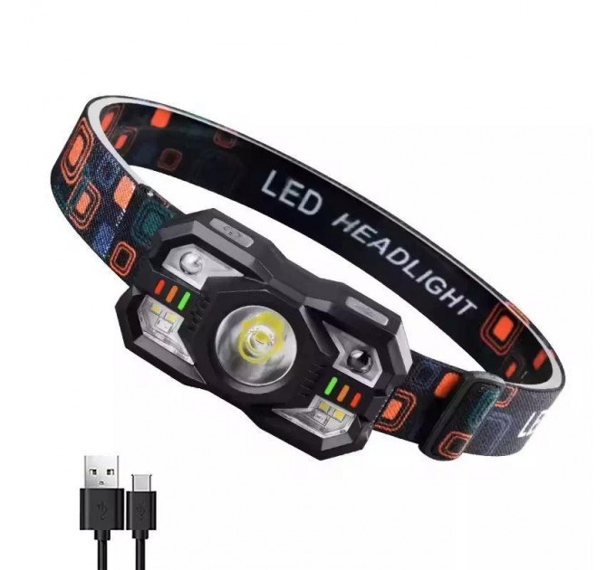 Фонарь налобный XS-09-LM+6SMD(WHITE+RED), Motion Sensor, Li-Ion аккум., ЗУ Type-C