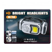 Фонарь налобный HX-T60-5SMD+COB(White+Red), Waterproof, 1x18650, ЗУ Type-C, магнит, Box