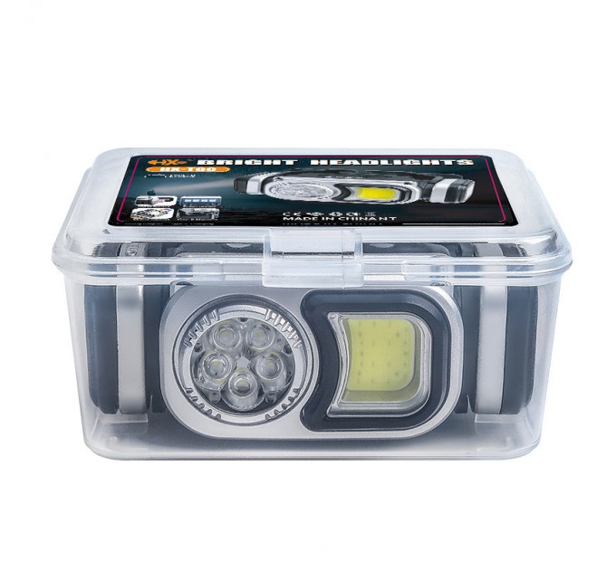 Фонарь налобный HX-T60-5SMD+COB(White+Red), Waterproof, 1x18650, ЗУ Type-C, магнит, Box
