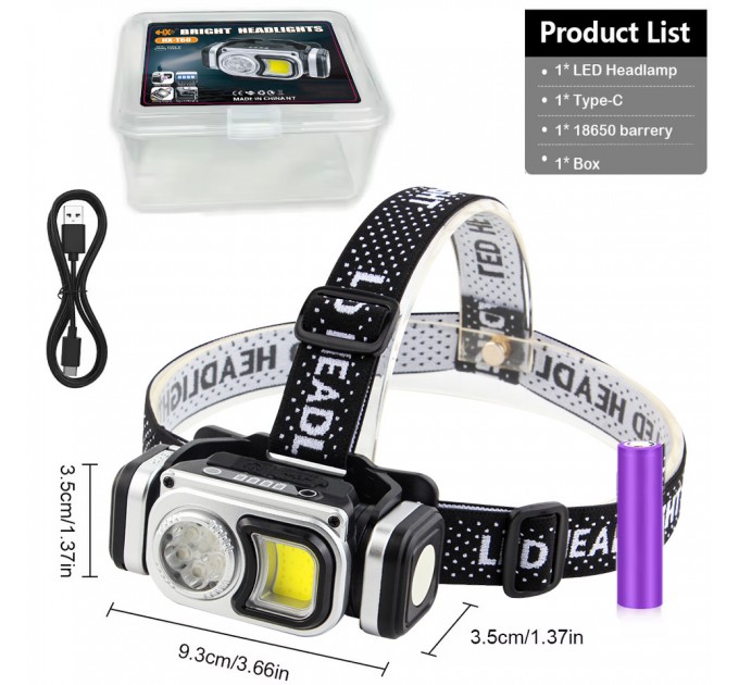 Фонарь налобный HX-T60-5SMD+COB(White+Red), Waterproof, 1x18650, ЗУ Type-C, магнит, Box