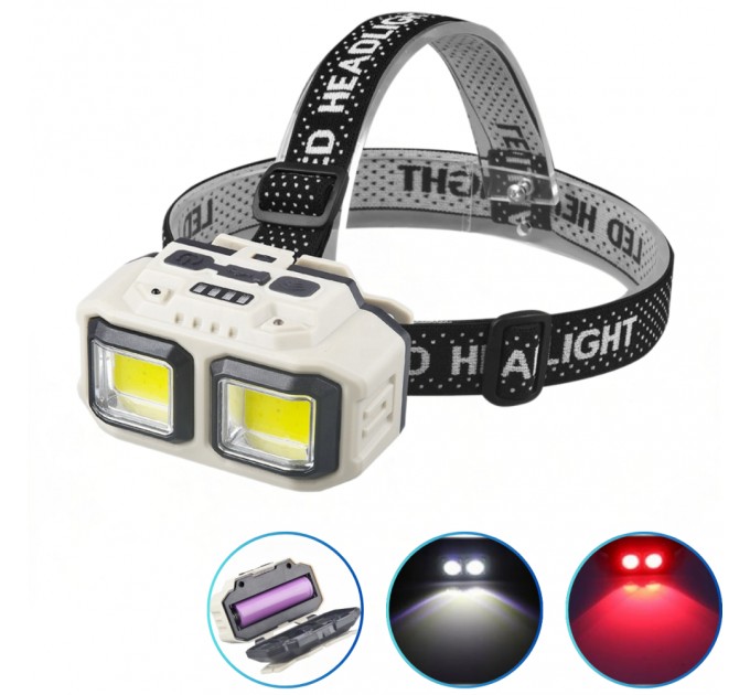 Фонарь налобный HX-816-2COB(White+Red), Waterproof, 1x18650, ЗУ Type-C, Box