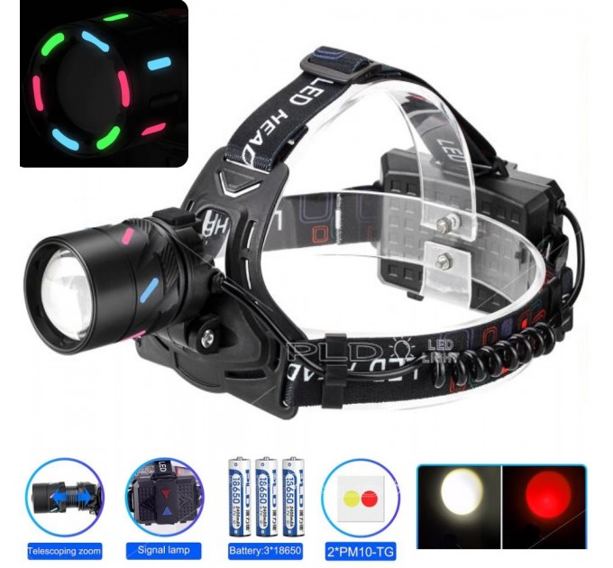 Фонарь налобный NIGHT VISION FLUORESCENCE CT012-3L-2TG(white+red), 3x18650, ЗУ Type-C, zoom, Box