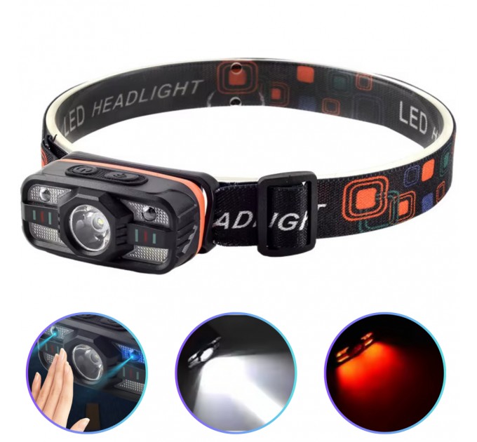Фонарь налобный WH-0188-XPE+SMD(White+Red), Motion Sensor, Li-Ion аккумулятор, ЗУ Type-C