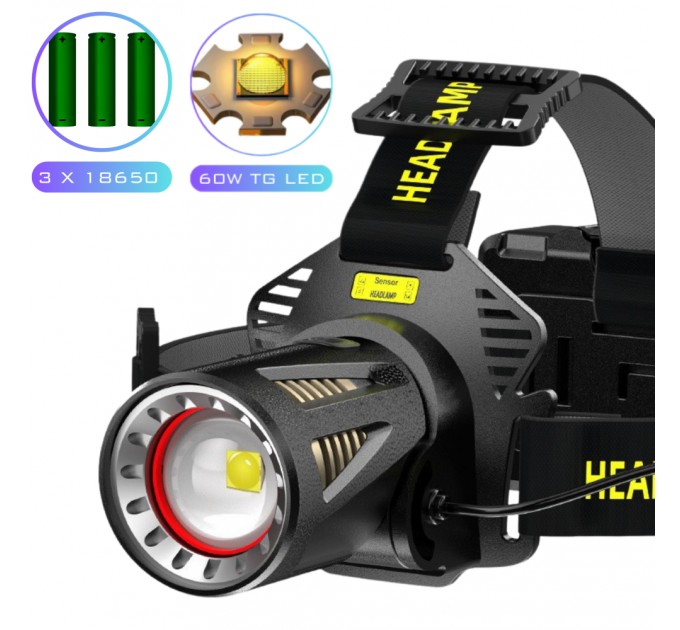 Фонарь налобный H610-WHITE LASER LED PM50-TG, Motion Sensor, 3x18650, Power Bank, ЗУ Type-C, zoom