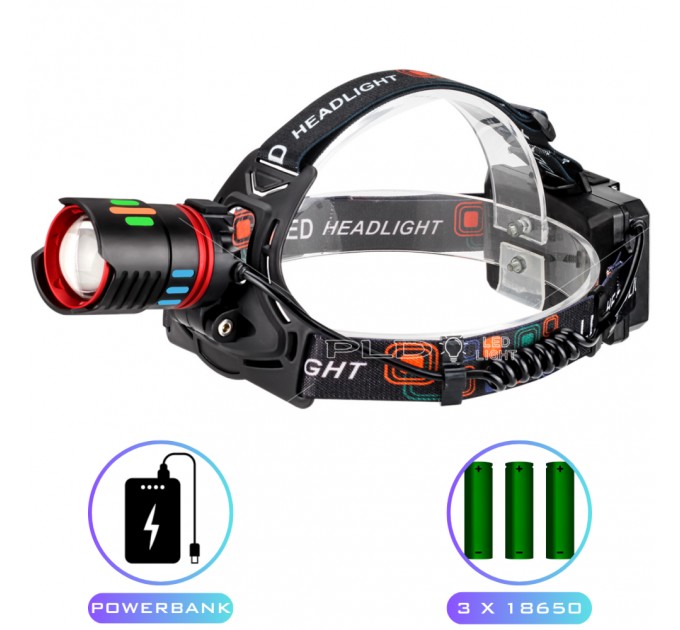 Фонарь налобный NIGHT VISION FLUORESCENCE CT012-3Q-TG, 1 РЕЖИМ, 3x18650, ЗУ Type-C, Power Bank, zoom, Box