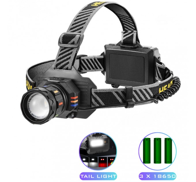 Фонарь налобный BL-T701A-TG, 3x18650, ЗУ Type-C, zoom, Box