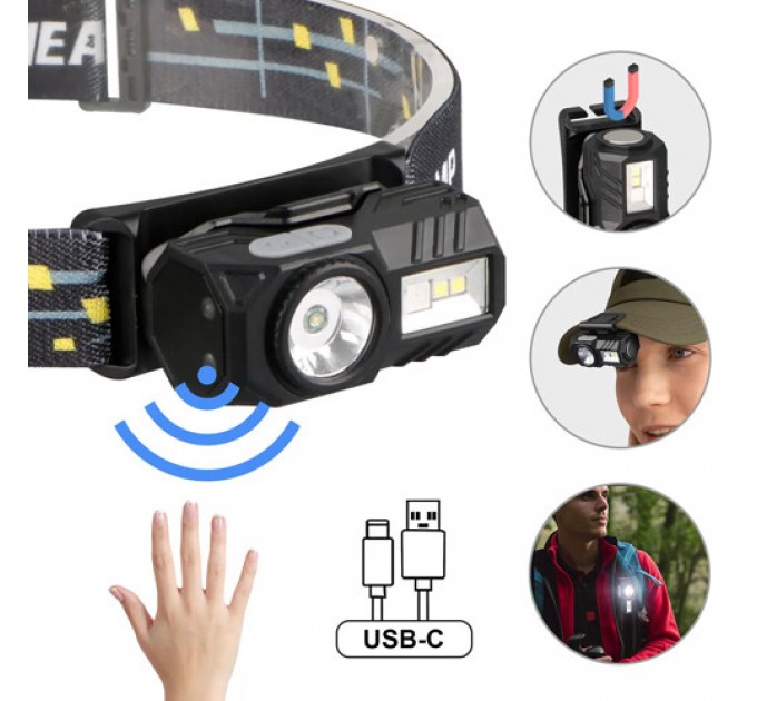 Фонарь налобный T131-XPE+3SMD(Red+Green+Blue+UV), Motion Sensor, Li-Ion аккум, магнит, клипса, ЗУ Type-C, Box