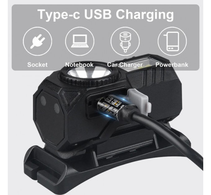 Фонарь налобный T131-XPE+3SMD(Red+Green+Blue+UV), Motion Sensor, Li-Ion аккум, магнит, клипса, ЗУ Type-C, Box