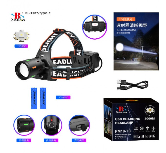 Фонарь налобный NIGHT VISION FLUORESCENCE BL-T207-TG, 2x18650, 1 РЕЖИМ, ЗУ Type-C, zoom