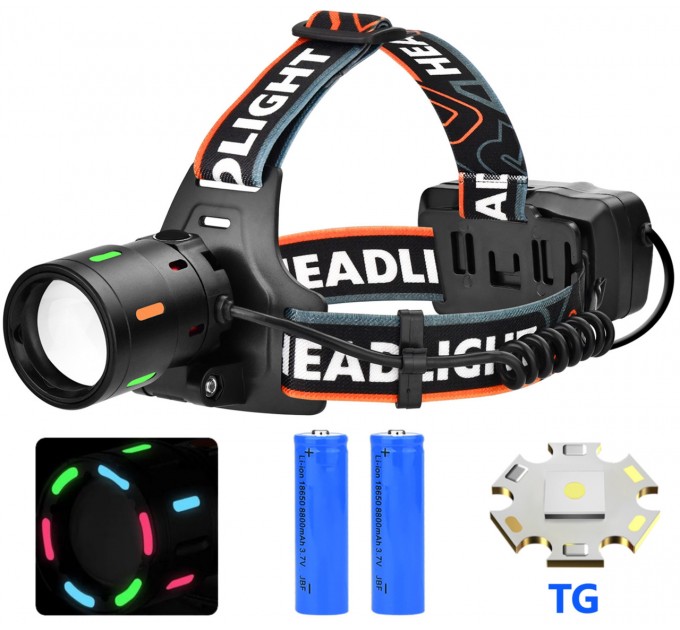 Фонарь налобный NIGHT VISION FLUORESCENCE BL-T207-TG, 2x18650, 1 РЕЖИМ, ЗУ Type-C, zoom