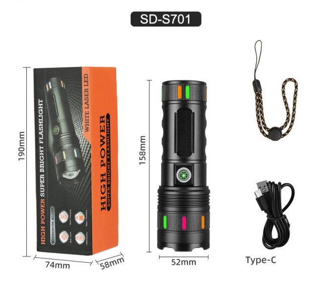 Фонарь NIGHT VISION FLUORESCENCE 701-PM10-TG, Li-Ion аккум., ЗУ Type-C, индикация заряда, zoom