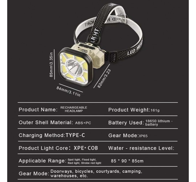 Фонарь налобный 826X-XPE+8COB(White+Red), 1x18650, вело крепление, ЗУ Type-C, Box
