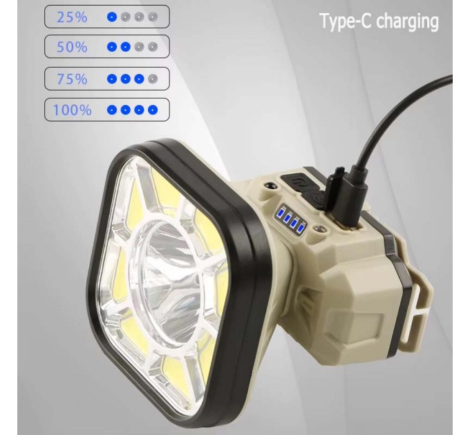 Фонарь налобный 826X-XPE+8COB(White+Red), 1x18650, вело крепление, ЗУ Type-C, Box