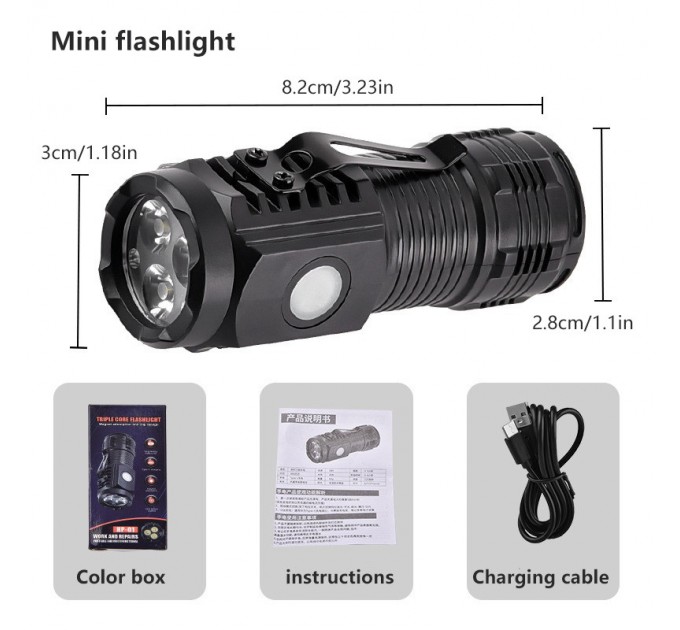 Фонарь HP01B-3LED, Li-Ion аккумулятор, ЗУ Type-C, магнит, Box
