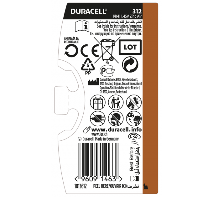 Батарейка Duracell HA 312 уп. 6 шт.